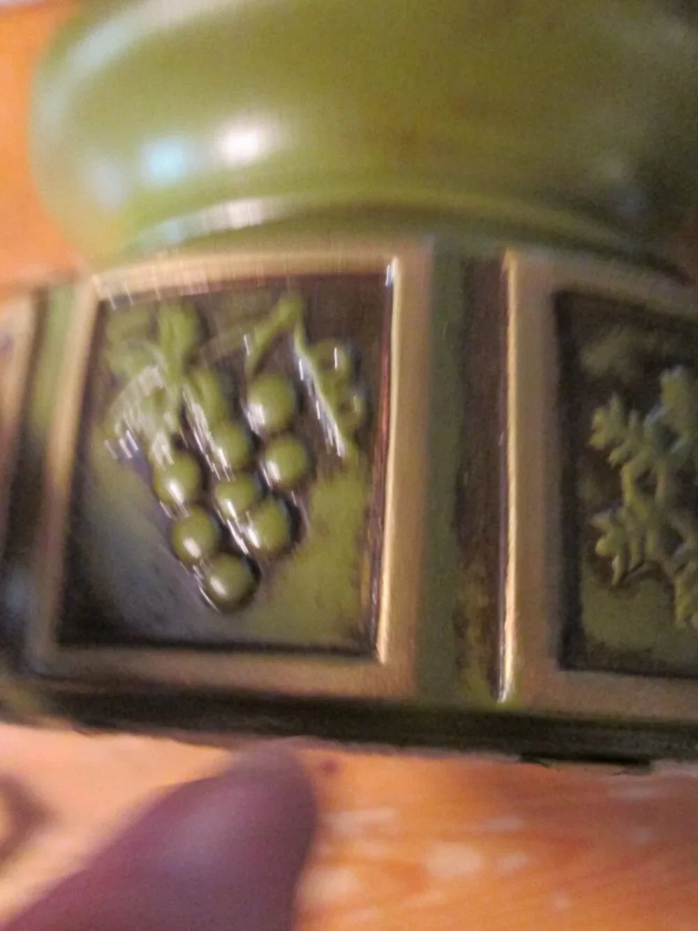 vtg 70s pillar boho avocado candle holder embossed suns grapes and flakes